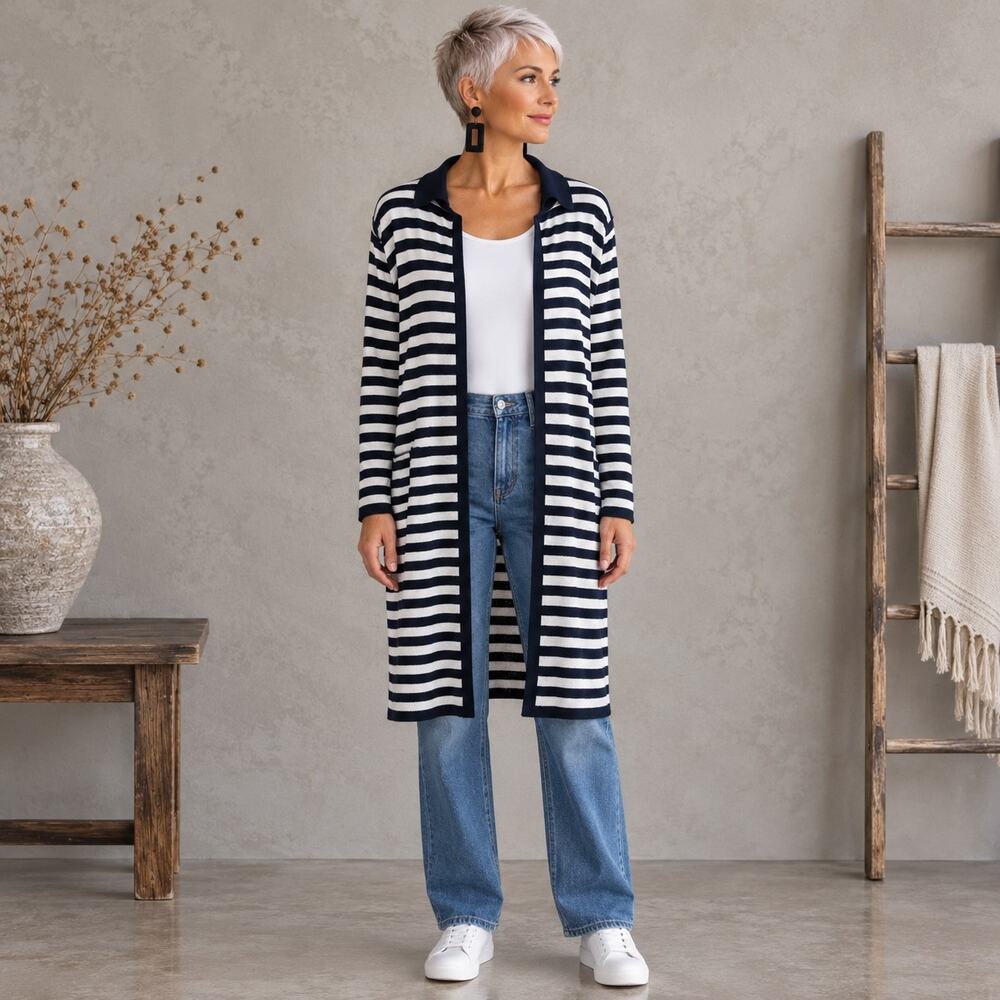 Chico's Navy White Stripe Long Line Cardigan 3